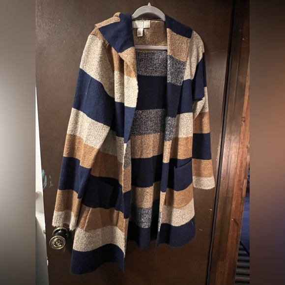 Striped Hooded Women's open front cardigan - Navy, Beige, and Brown - Picture 1 of 5
